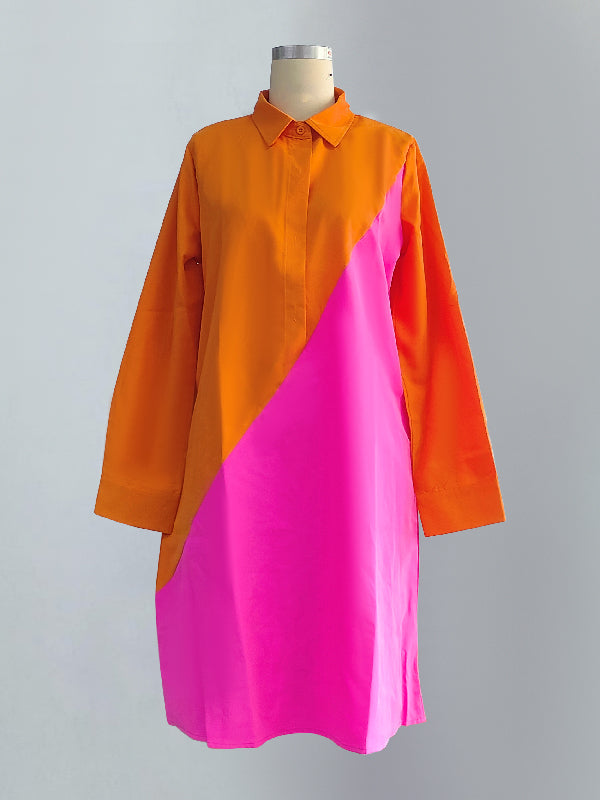Stylish Selection Long Sleeves Contrast Color Lapel Midi Dresses