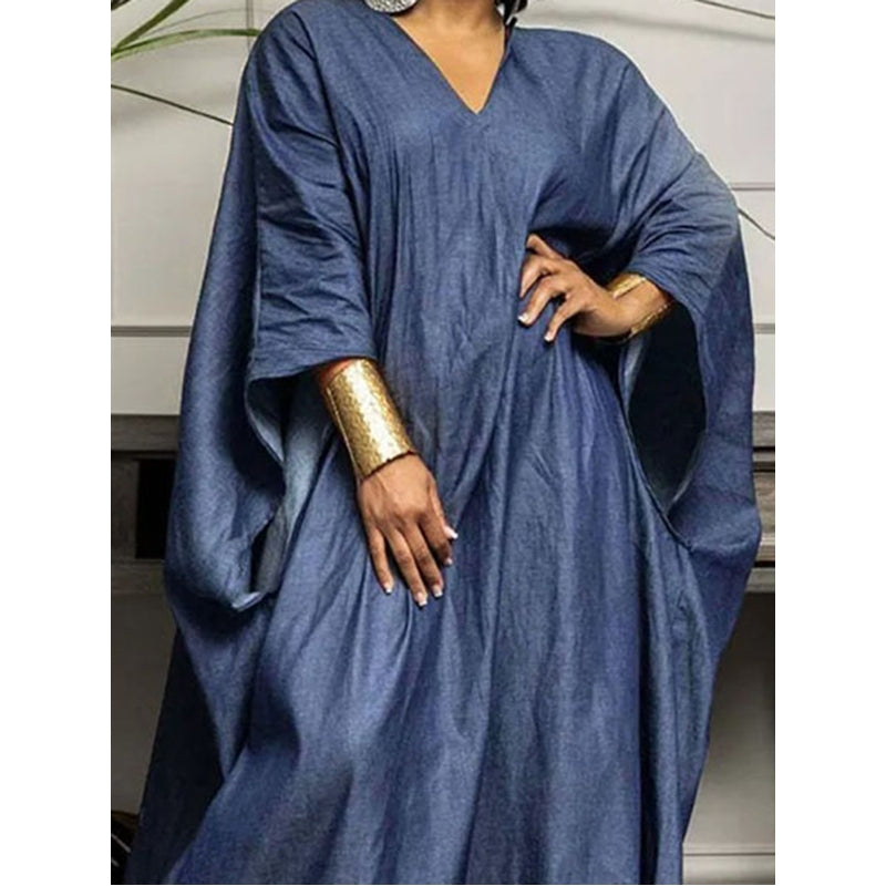 Batwing Sleeves Loose Solid Color Split-Joint V-neck Maxi Dresses