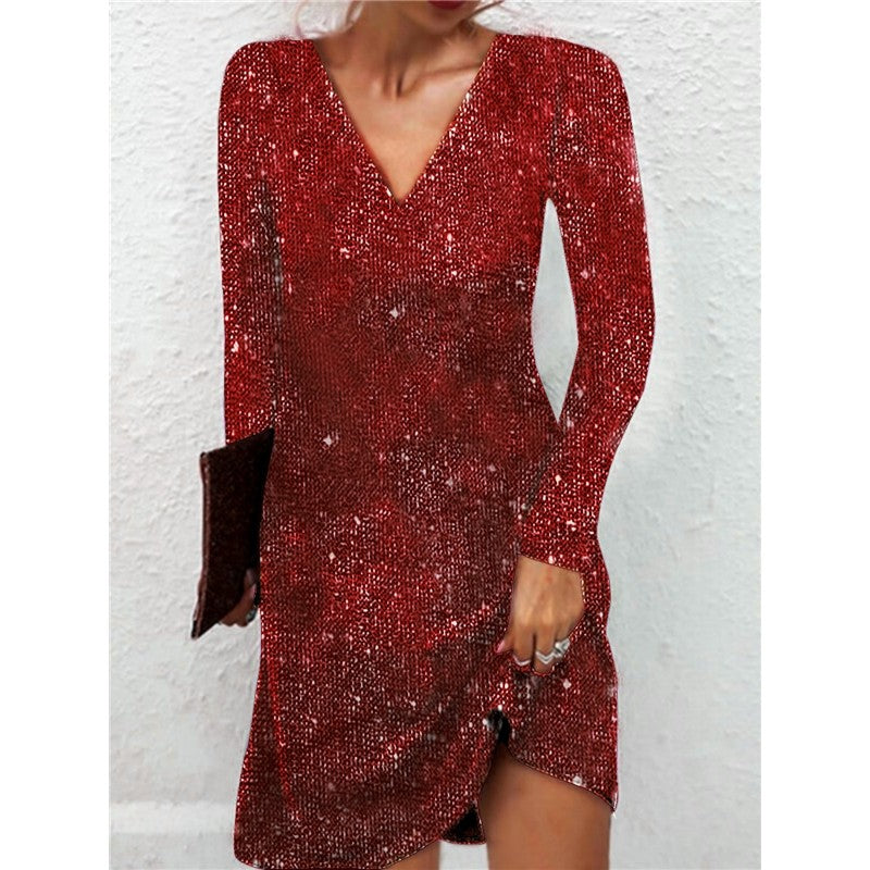 V-Neck Sequin Long Sleeve Short Dress