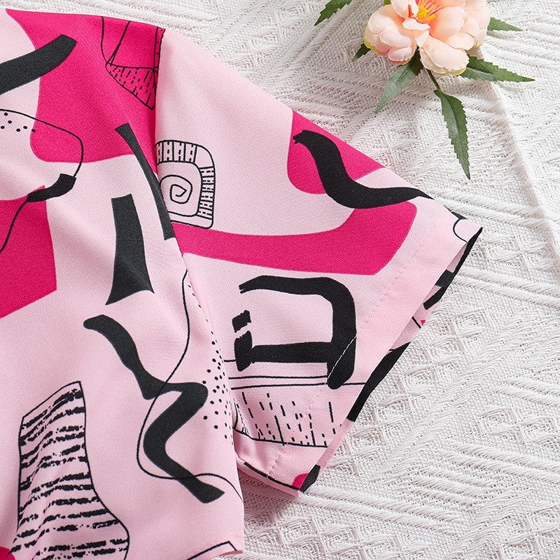 Printed Short Sleeve Shirt Skirt Pants Girl's Set