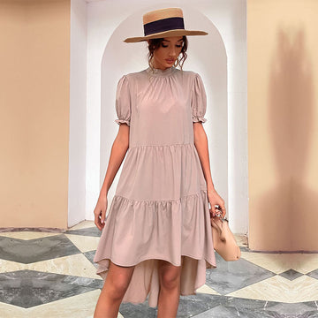 Stand Collar Short Sleeves Solid Midi Dress