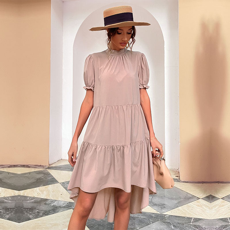 Stand Collar Short Sleeves Solid Midi Dress
