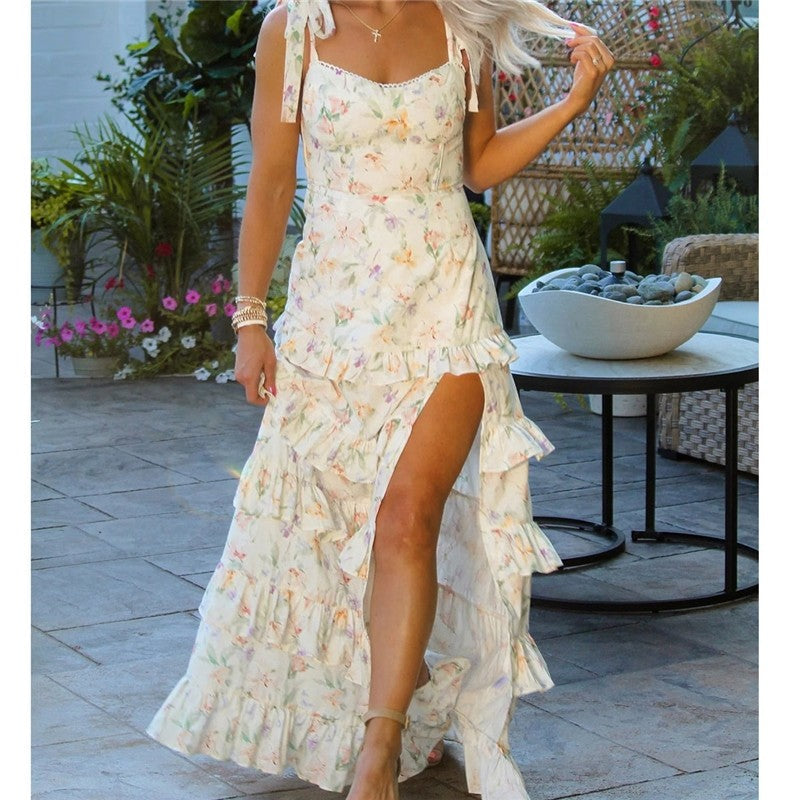 Women's Sleeveless Maxi Dress With Slit And Floral Print