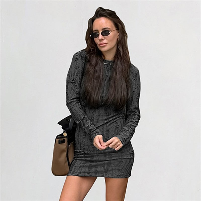 Knit Round Neck Long Sleeve Bodycon Mini Dress