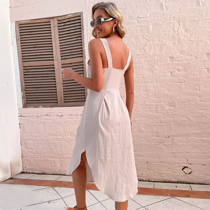 Square Neck Solid Sleeveless Midi Dress