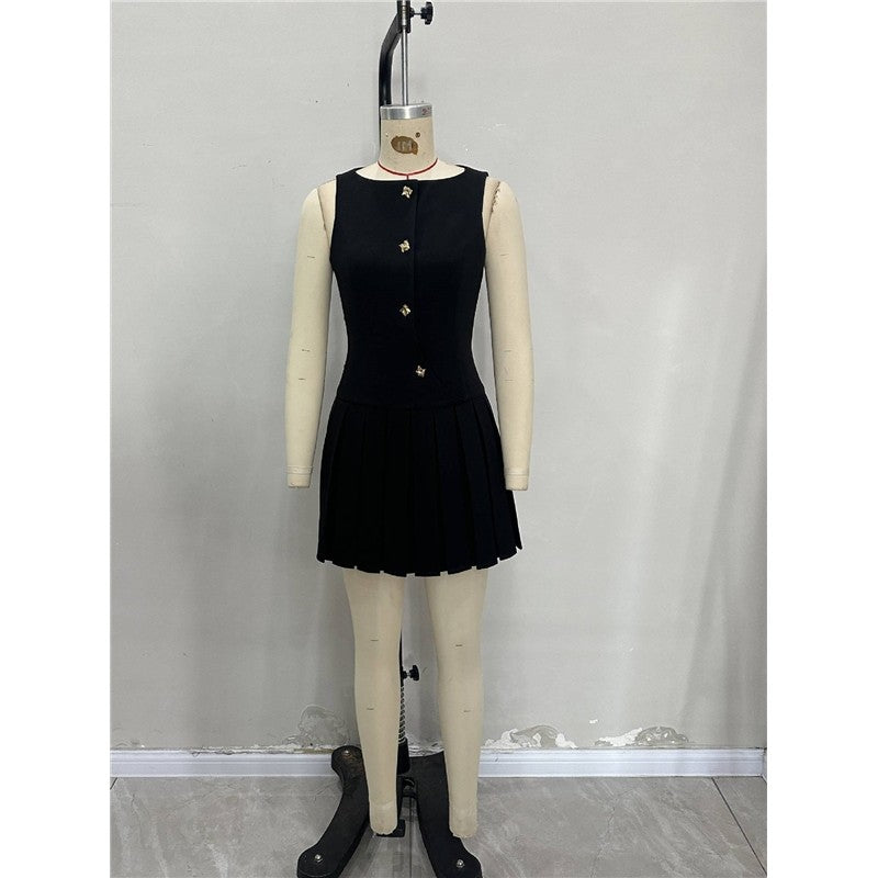 Sleeveless Pleated Waist Short Dress