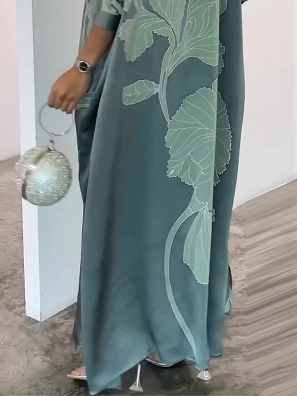 Long Sleeves Buttoned Contrast Color Flower&Leaves Print Muslim V-Neck Midi Dresses