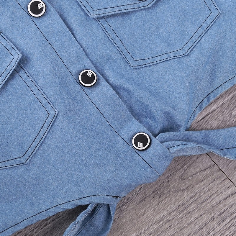 Denim Short Sleeve Jacket Suspender Skirt Girl's Set