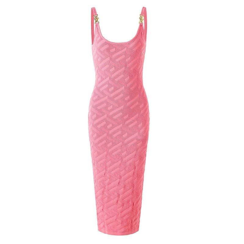 Pink Slim Knit Strap Dress