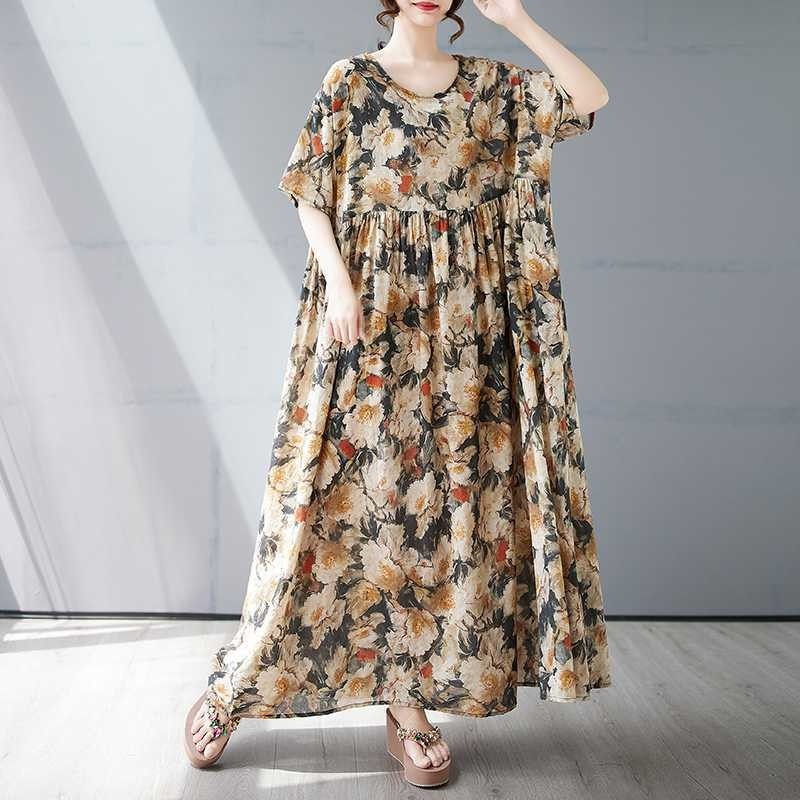 Loose Short Sleeve Round Neck Print Dress