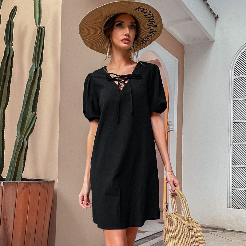 Solid Loose Short Sleeves V-Neck Mini Dress