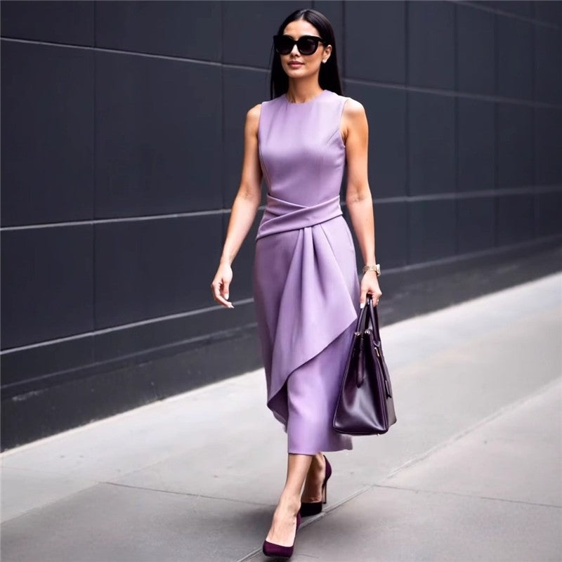 Solid Color Waist Asymmetrical Sleeveless Dress