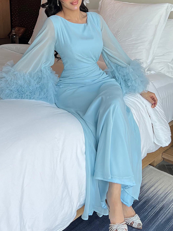 Solid Color Pleated Tied Waist Flared Sleeves Long Sleeves Maxi Dresses
