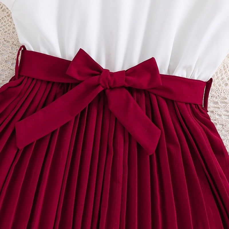 Girl's Fashionable Bow Flying Sleeve Colorblocking Princess Dresses