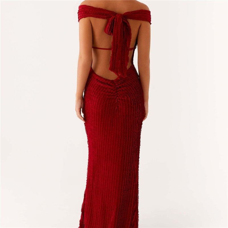 Backless One Shoulder Textured Tie Dress