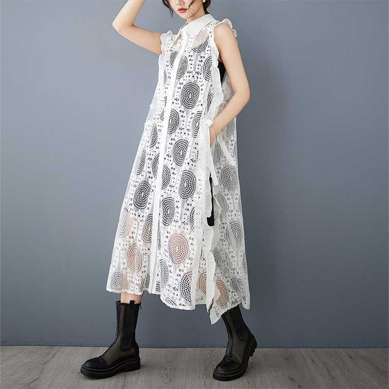 Lace Vest Double-Breasted Shirt Dress With Straps