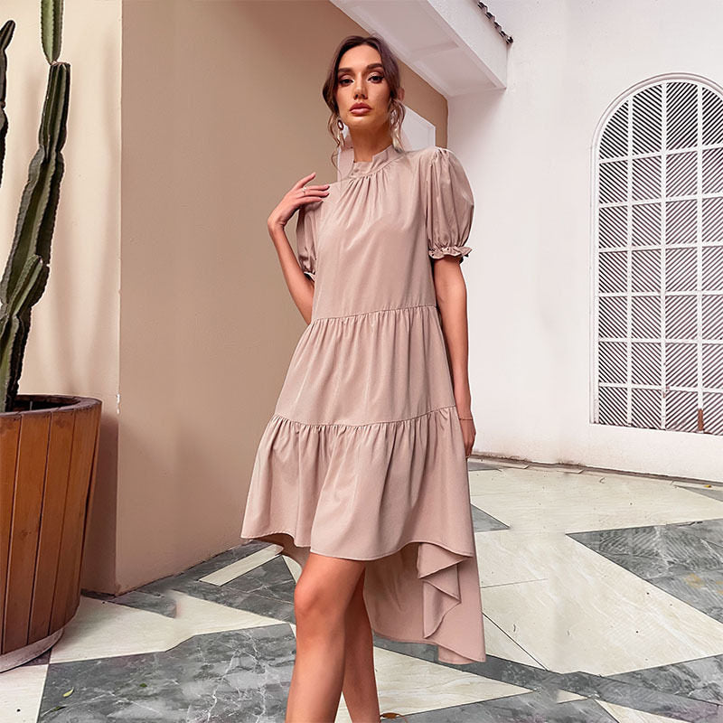 Stand Collar Short Sleeves Solid Midi Dress
