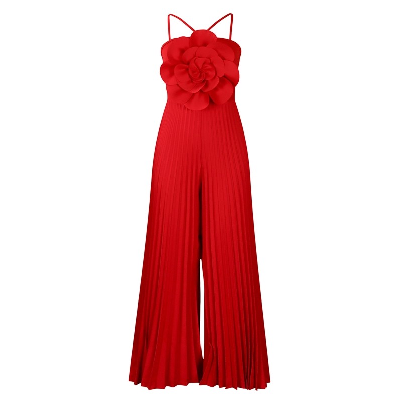 Solid Color 3D Flower Decorated Pleated Sleeveless Jumpsuit