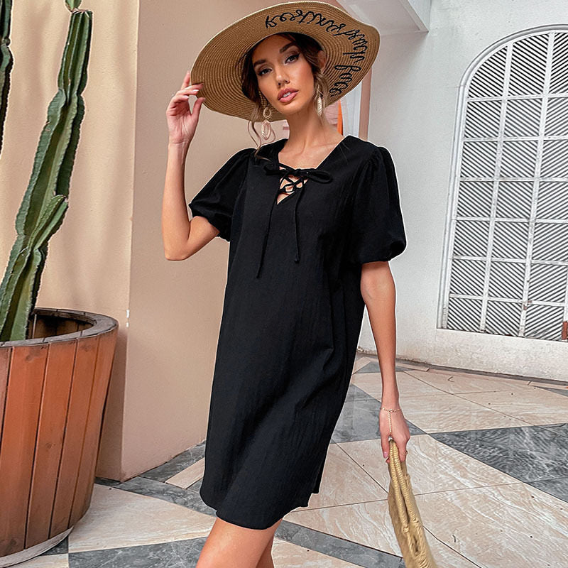 Solid Loose Short Sleeves V-Neck Mini Dress