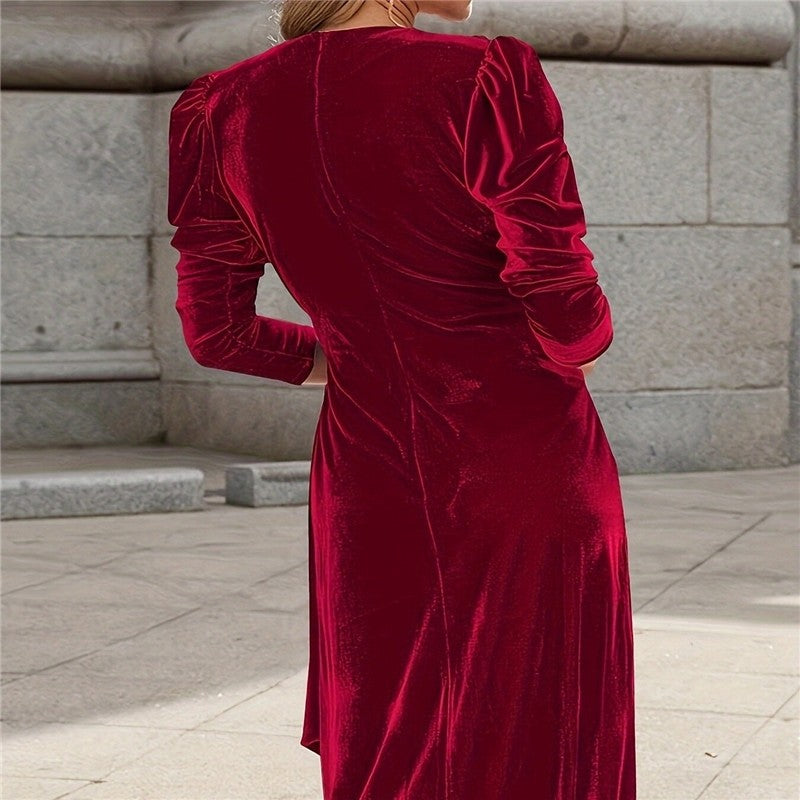 V-Neck Velvet Long Sleeve Solid Color Dress