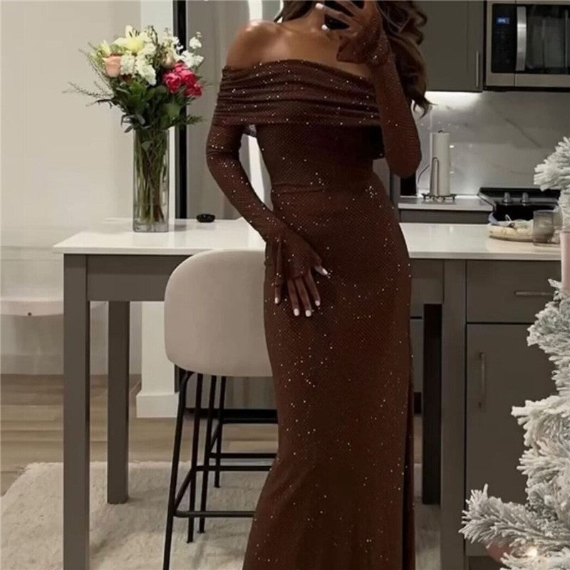 Sparkly One Shoulder Long Sleeve Solid Dress