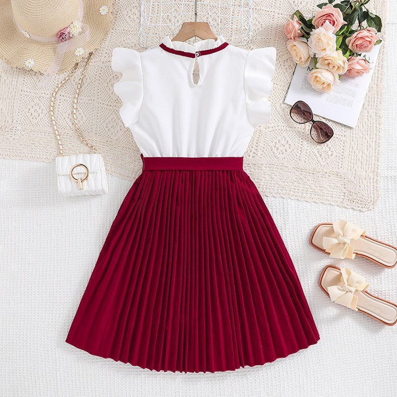 Girl's Fashionable Bow Flying Sleeve Colorblocking Princess Dresses
