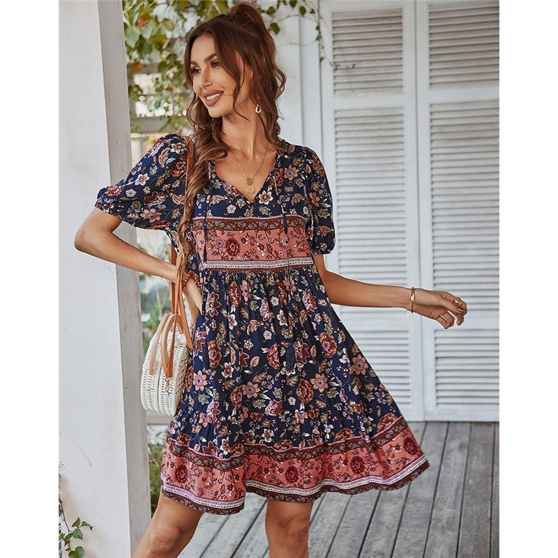 Short Sleeve V-Neck Printed Dress