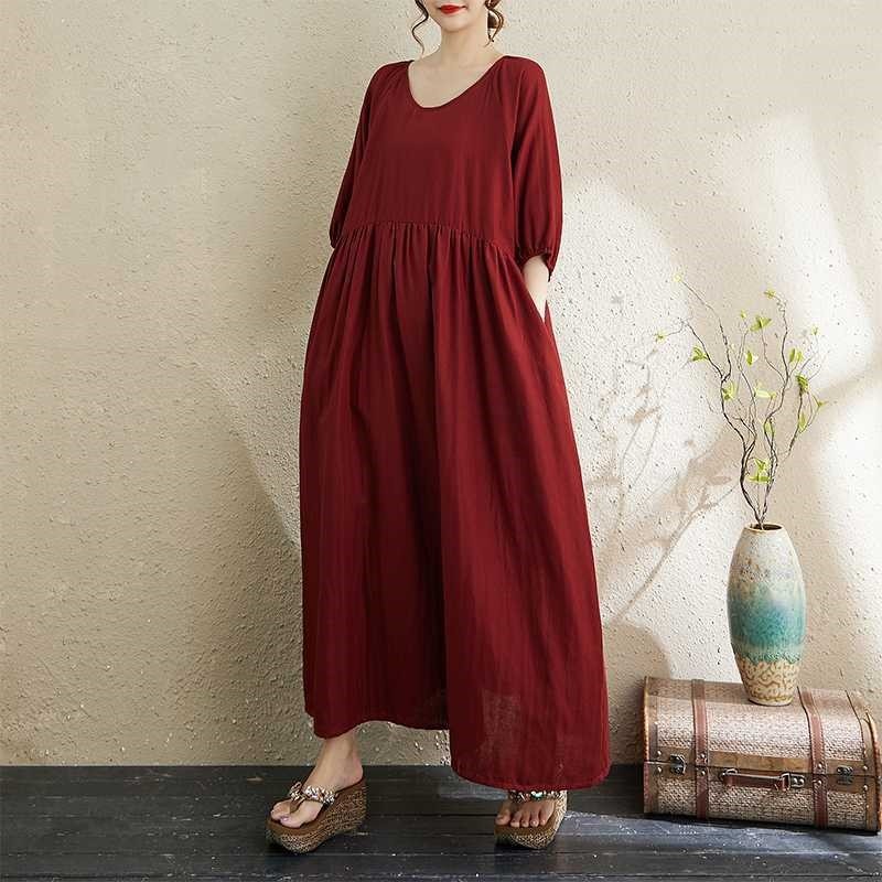 Double Gauze Round Neck Lantern Sleeve Loose Dress