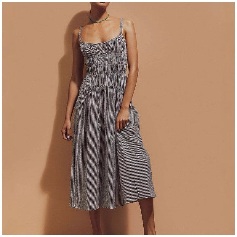 Sleeveless Ruffled Striped A-Line Dress