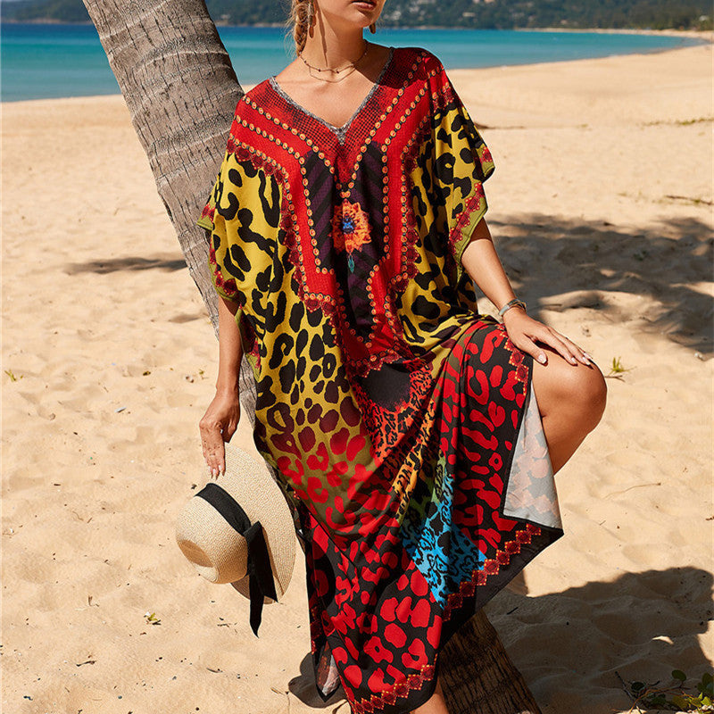 Short Sleeves Tie-Dyed Split Maxi Dress