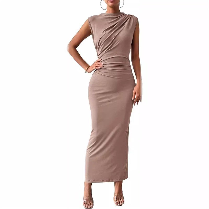 Sleeveless Back Slit Pleated Bodycon Maxi Dress