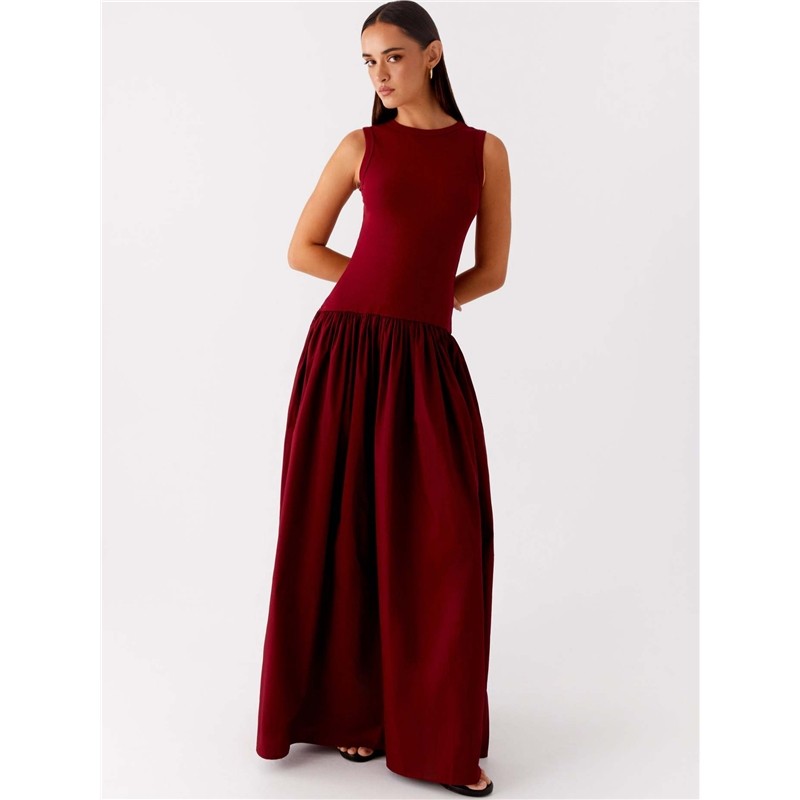 Solid Color Waist Sleeveless Long Dress
