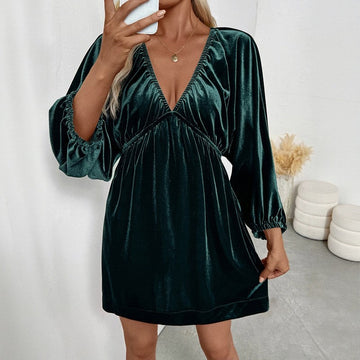 Vintage Lantern Sleeve Velvet Short Dress
