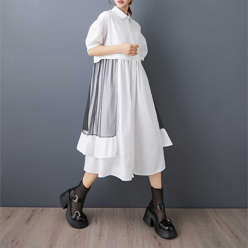 Asymmetrical Mesh Paneled Shirt Dress