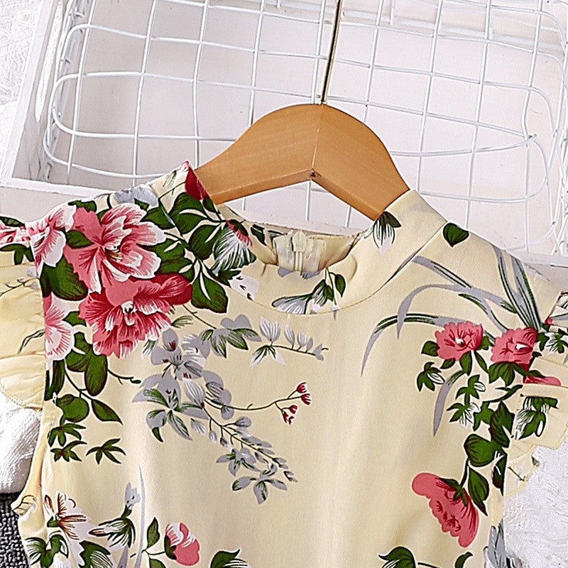 Girls' Printed Dash Sleeve Lace-Up Dress