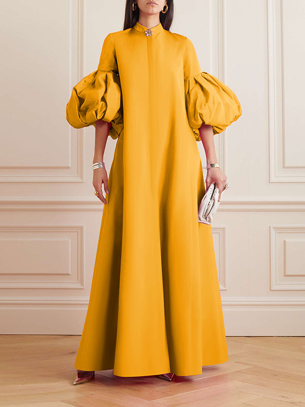 Loose Flower Shape Solid Color Stand Collar Evening Dresses Maxi Dresses