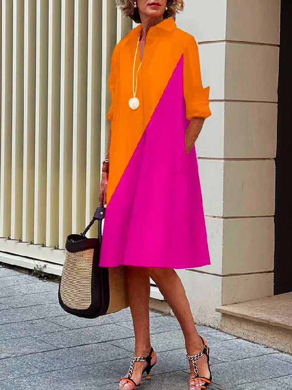 Stylish Selection Long Sleeves Contrast Color Lapel Midi Dresses