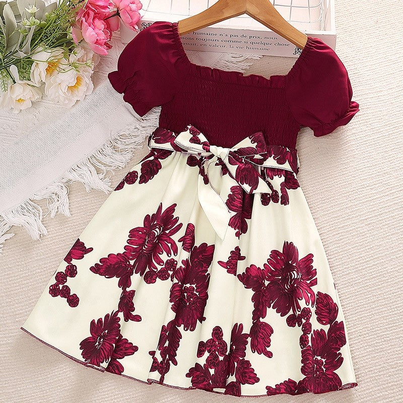 Girls Short Sleeve Printed Lace-Up Princess Dress