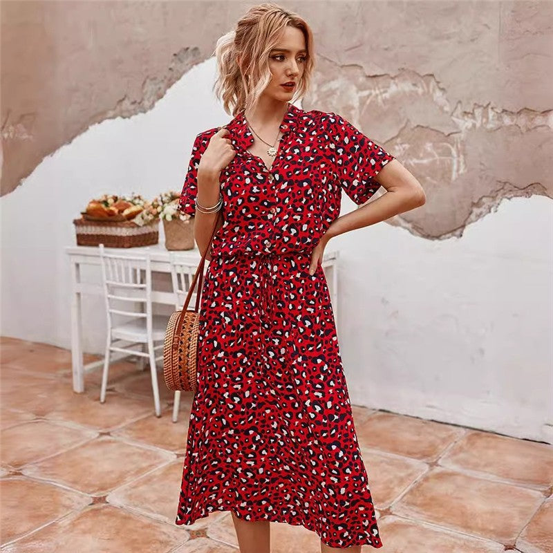 Leopard Print Short Sleeve Midi Dress