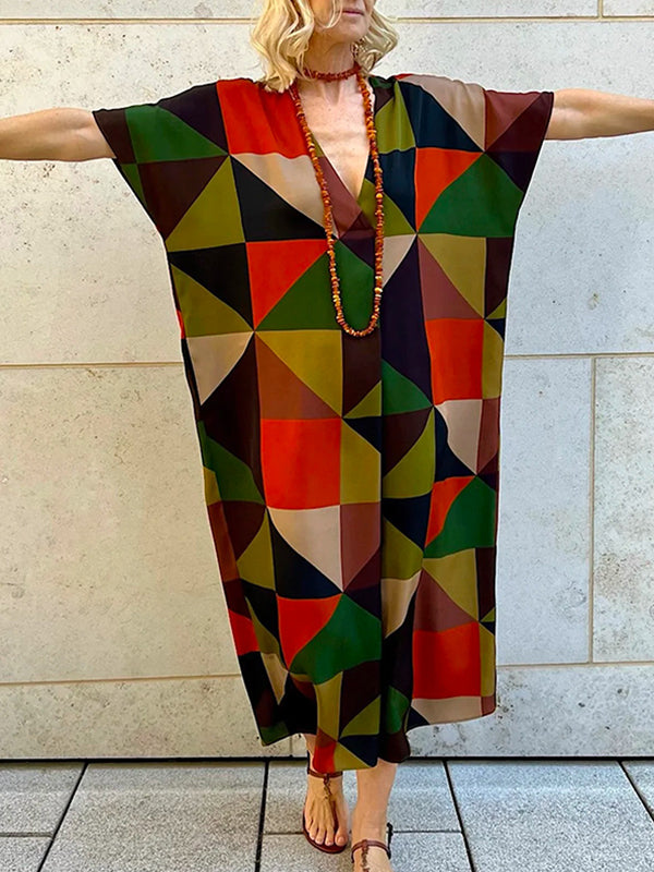 Batwing Sleeves Loose Contrast Color Geometric Printed V-neck Maxi Dresses Midi Dresses