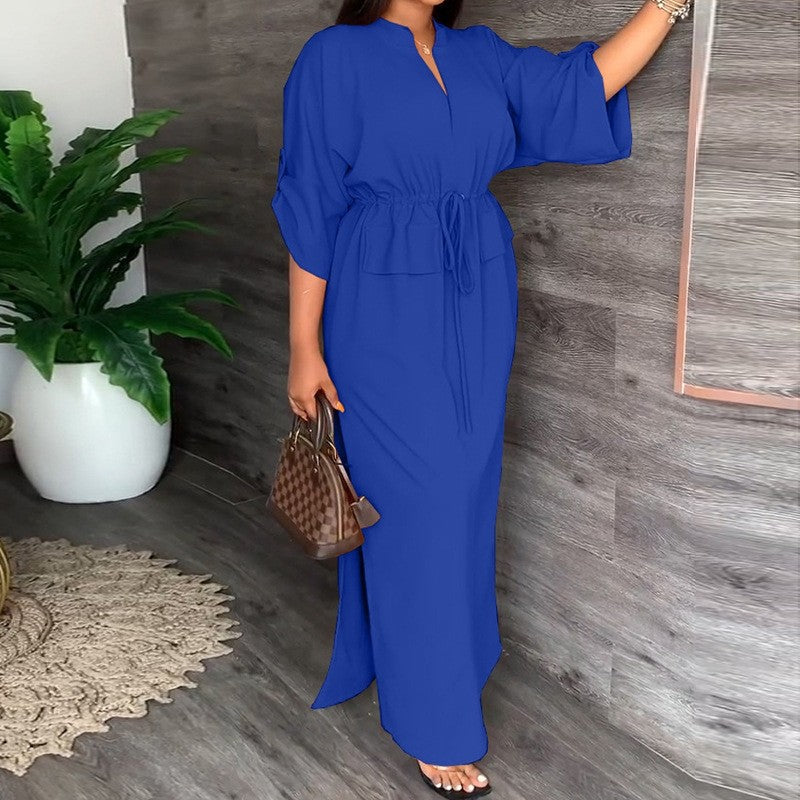 V-Neck Tie-Waist Loose Dress
