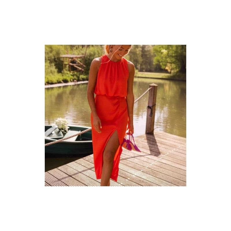 Solid Color Slit Sleeveless Pleated Dress