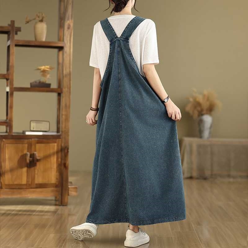 Relaxed Solid Denim Overall Dress