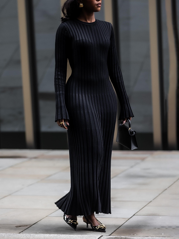 Bodycon High Waisted Pleated Solid Color Round-Neck Maxi Dresses