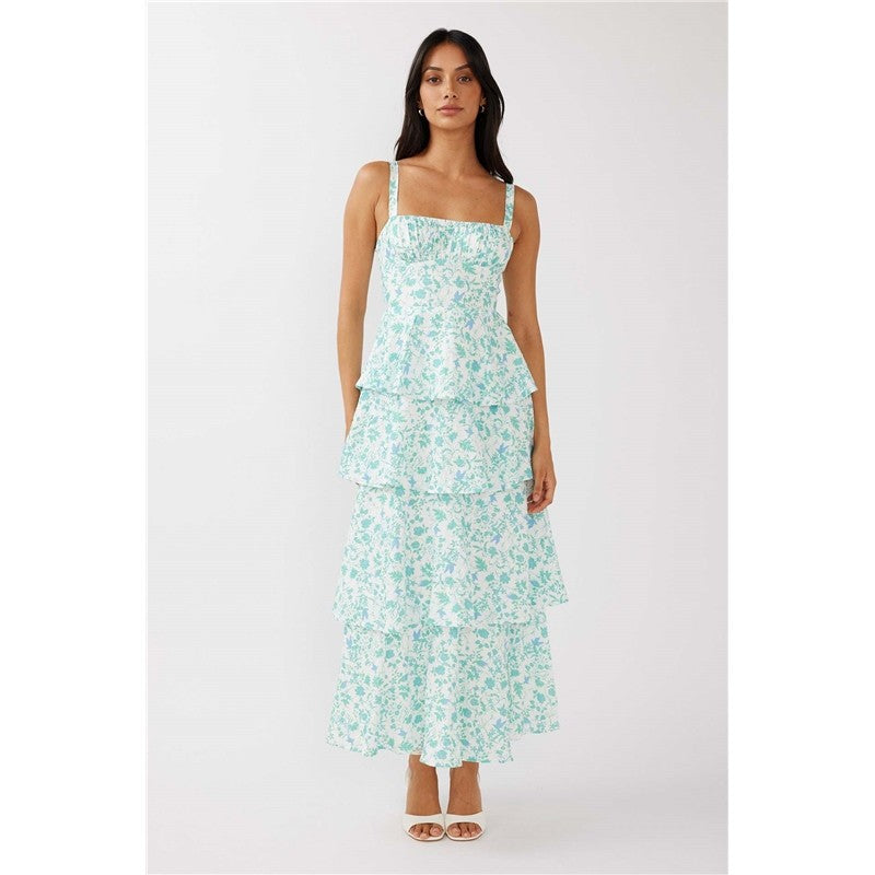 Slim Fit Waist Floral Print Long Strapless Dress