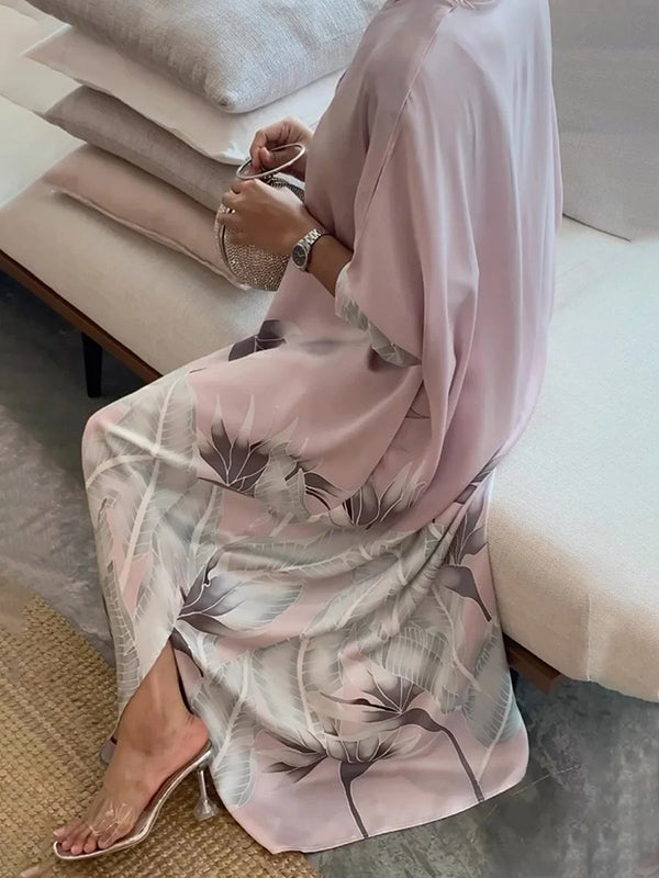 Long Sleeves Buttoned Contrast Color Flower&Leaves Print Muslim V-Neck Midi Dresses