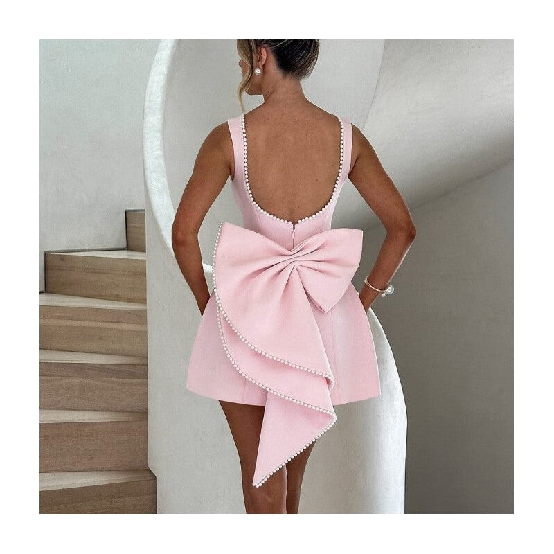 Pearl Bow Fitted Short Dress