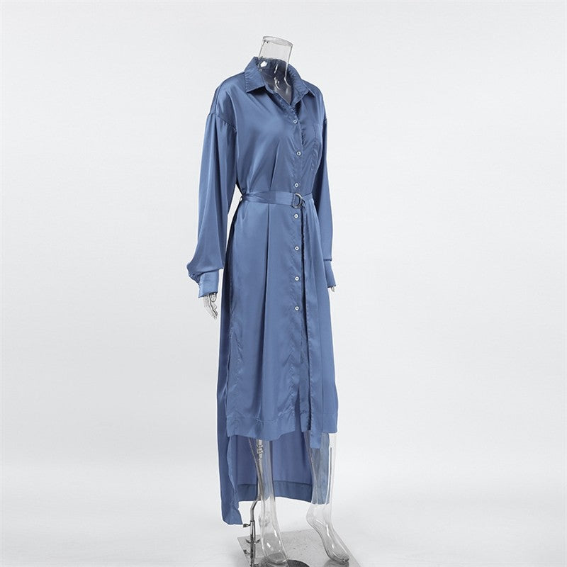 Solid Satin Belted A Line Shirt Dress