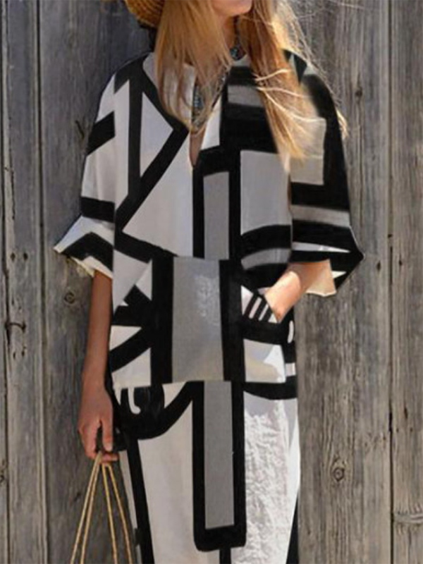Casual Loose Half Sleeves Contrast Color Printed V-Neck Maxi Dresses