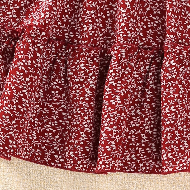 Floral Halter Drawstring Short Sleeve Half Skirt Girl's Set
